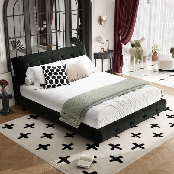 Queen Size Bed Frame,Tufted Headboard with Extra-Large Ultra-Soft Cloud Pillow Design,Chenille Platform Bed with Metal and Wooden Slats Double Support,Solid and Stable,Noise-Free,Black No.6139