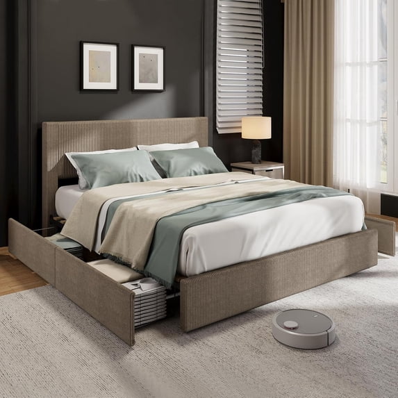Memoryfield Queen Size Bed Frame with Tufted Headboard, Upholstered Platform Bed Frame with 4 Storage Drawers and Wooden Slats Support, No Box Spring Needed, Brown