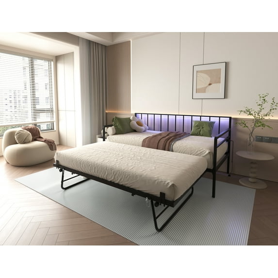 Queen Size Bed Frame Twin Daybed with RGB LED Lights & Charging Station, Height Adjustable Day Bed Frame with Trundle, Versatile Metal Sofa Bed Frame for Bedroom, Living Room, Guest Room, Black,King