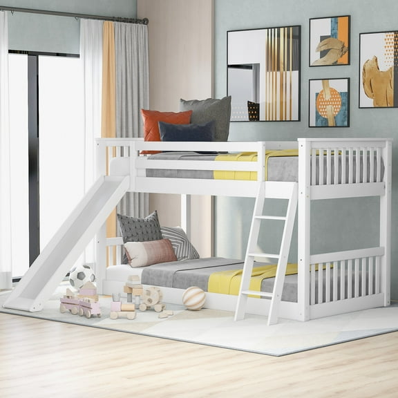 Twin Bed Frame, Twin Size Bed Frame,Twin over Twin Bunk Bed with Convertible Slide and Ladder, White(Old SKU: SM000213)