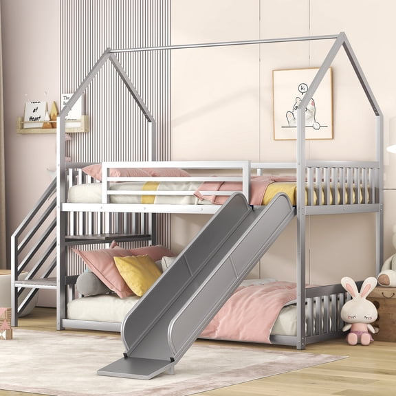 Twin Bed Frame, Twin Size Bed Frame,Twin over Twin Metal Bunk Bed House Bed with Slide and Staircase, Silver