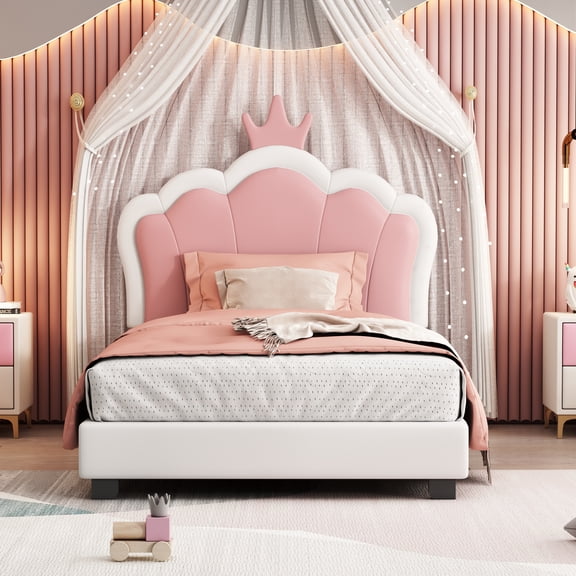 Queen Size Bed Frame Twin size Upholstered Princess Bed With Crown Headboard,Twin Size Platform Bed with Headboard and Footboard, White+Pink,King Size Bed Frame