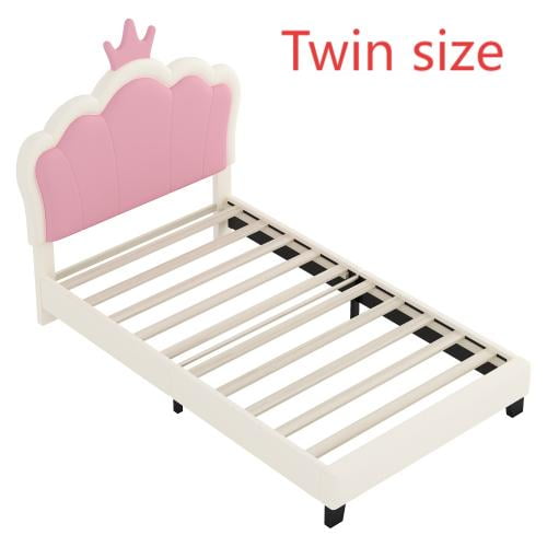 Queen Size Bed Frame Twin size Upholstered Princess Bed With Crown Headboard,Twin Size Platform Bed with Headboard and Footboard, White+Pink,King Size Bed Frame