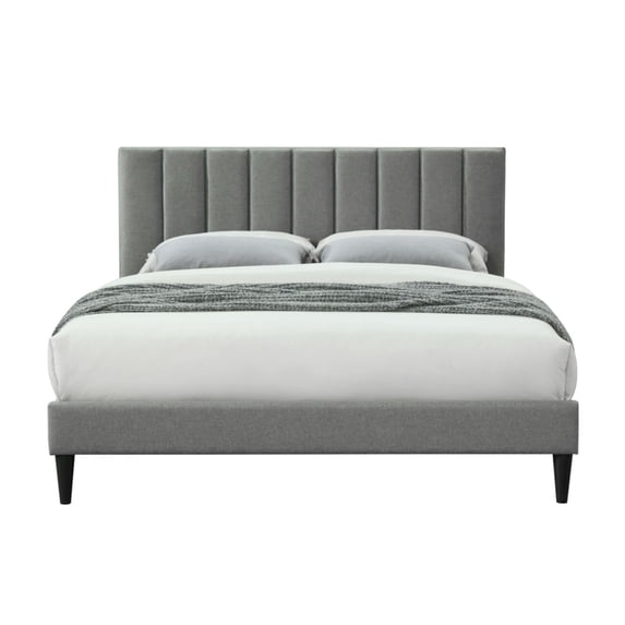 Queen Size Bed Frame with USB Charging, Queen Size Platform Bed Frame with Square Design Headboard, Queen Size Upholstered Bed Frame with Wooden Slats, Gray