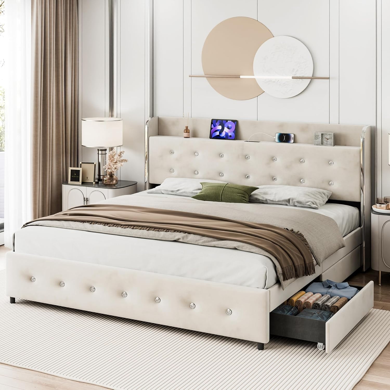 Queen Size Bed Frame, Upholstered Bed Frame with 4 Storage Drawers, Platform Bed Frame with Diamond Tufted Headboard, Wood Slat Support, No Springs Required, Easy to Assemble, White
