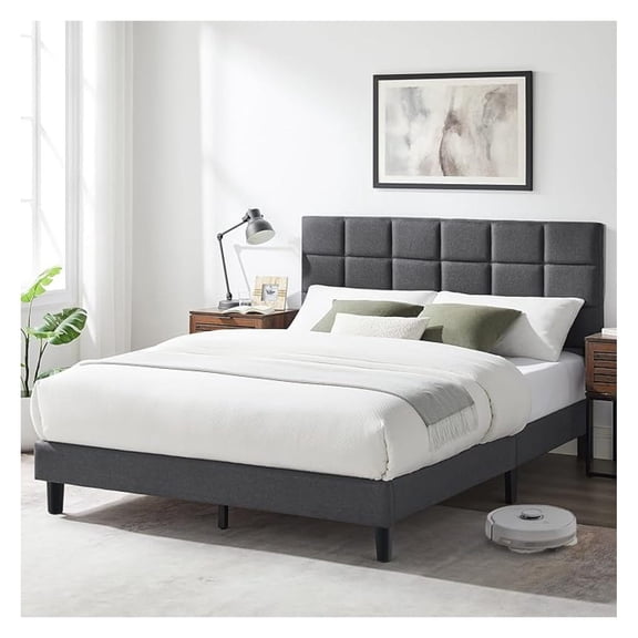 Queen Size Bed Frame with Upholstered Headboard, Linen Fabric and Wooden Slats Support, No-Noise, Easy to Assemble, No Box Spring Needed with 1000LBS, Grey