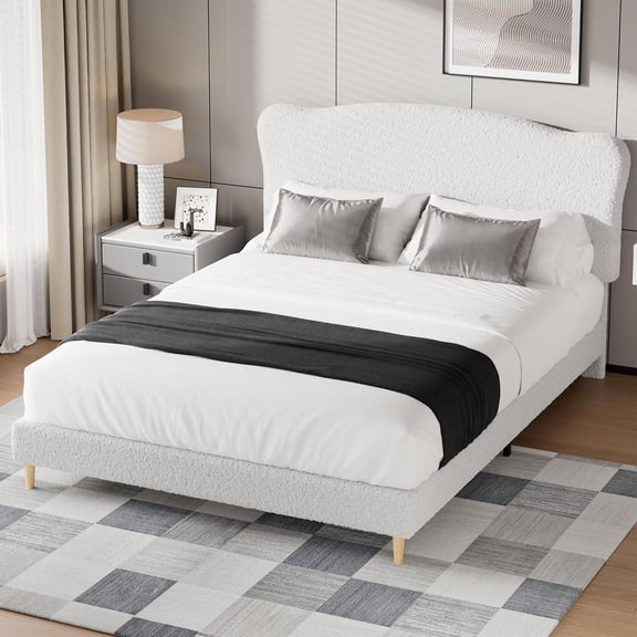 Queen Size Bed Frame with Upholstered Headboard, Soft Low Profile Sturdy Platform Bed with Rounded Corners Design, Heavy Duty, Wooden Slats, Noise Free, No Box Spring Needed, White
