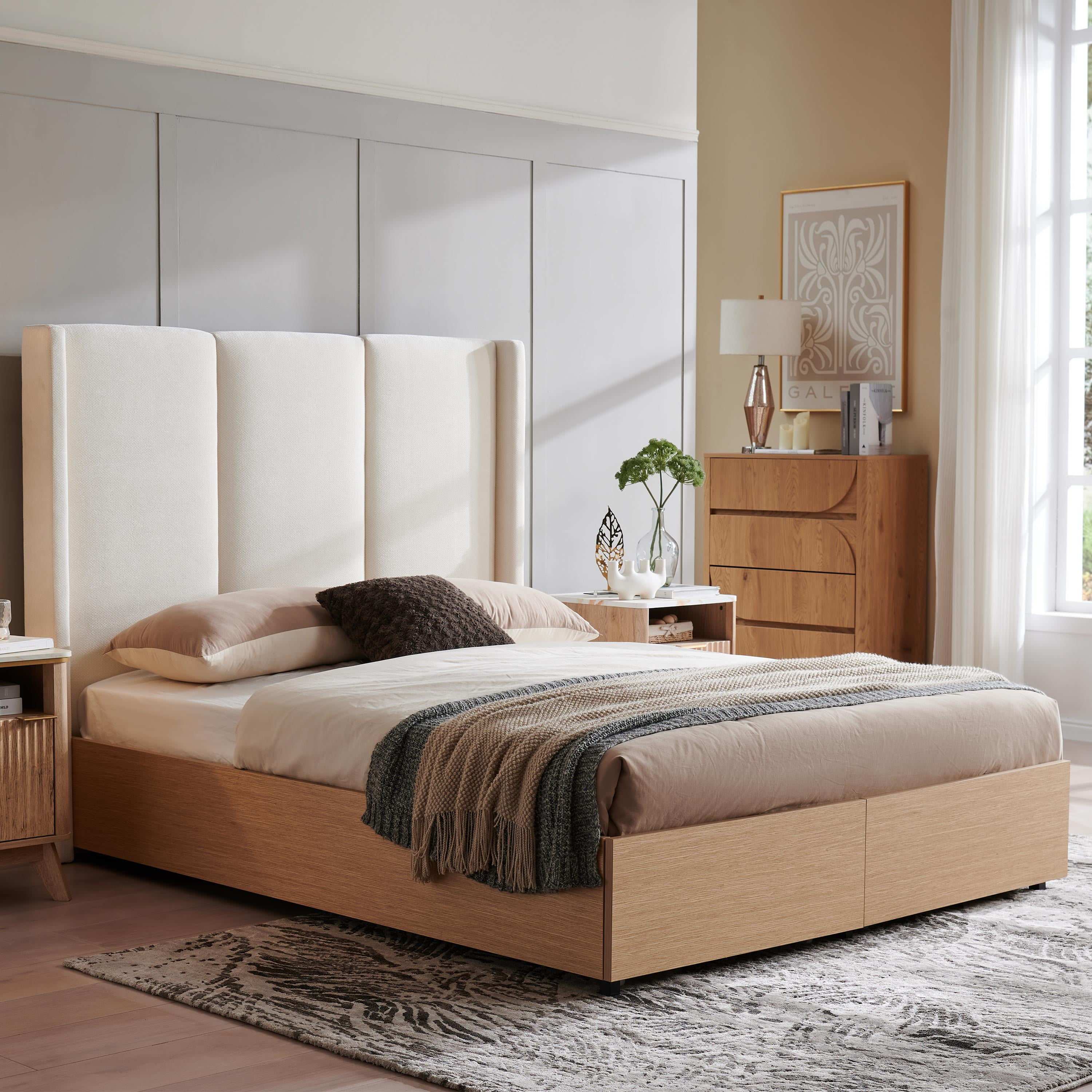 Queen Size Bed Frame and Upholstered Headboard, Solid Wood Platform Bed with Storage Drawers, Durable Wooden Slats, Solid and Stable, Noiseless, No Box Spring Needed, Easy Assembly, Beige