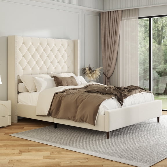 Queen Size Bed Frame, Upholstered Platform Bed with 58" Tall Wingback Headboard, Velvet Modern Luxury Design, Box Spring Option, Easy Assembly, Noise Free, Beige