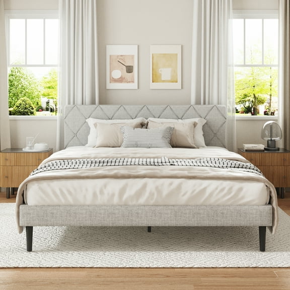 VIPLOV Queen Size Bed Frame, Upholstered Platform Bed Frame with Button Tufted Headboard, Mattress Foundation, Wooden Slats Support, Super Easy Assembly, Light Grey