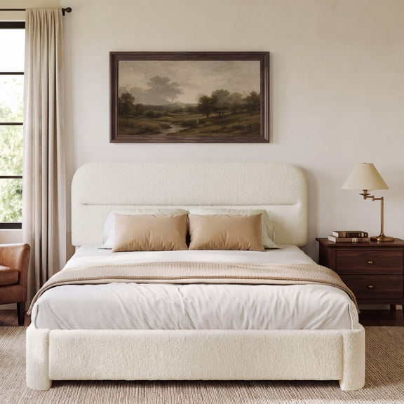 Queen Size Bed Frame, Upholstered Platform Bed Frame with Adjustable Headboard, Soft Boucle Fabric, Modern Style, No Box Spring Required, Beige