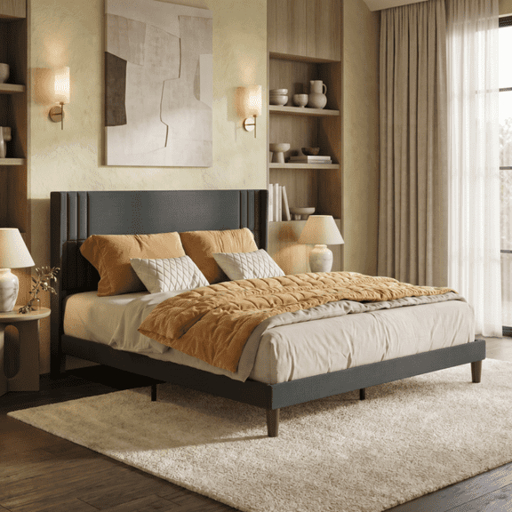 Queen Size Bed Frame, Upholstered Platform Bed Frame with Sturdy Metal Frame, Noise-Free, No Box Spring Needed, Easy Assembly, 850 lbs - Dark Gray