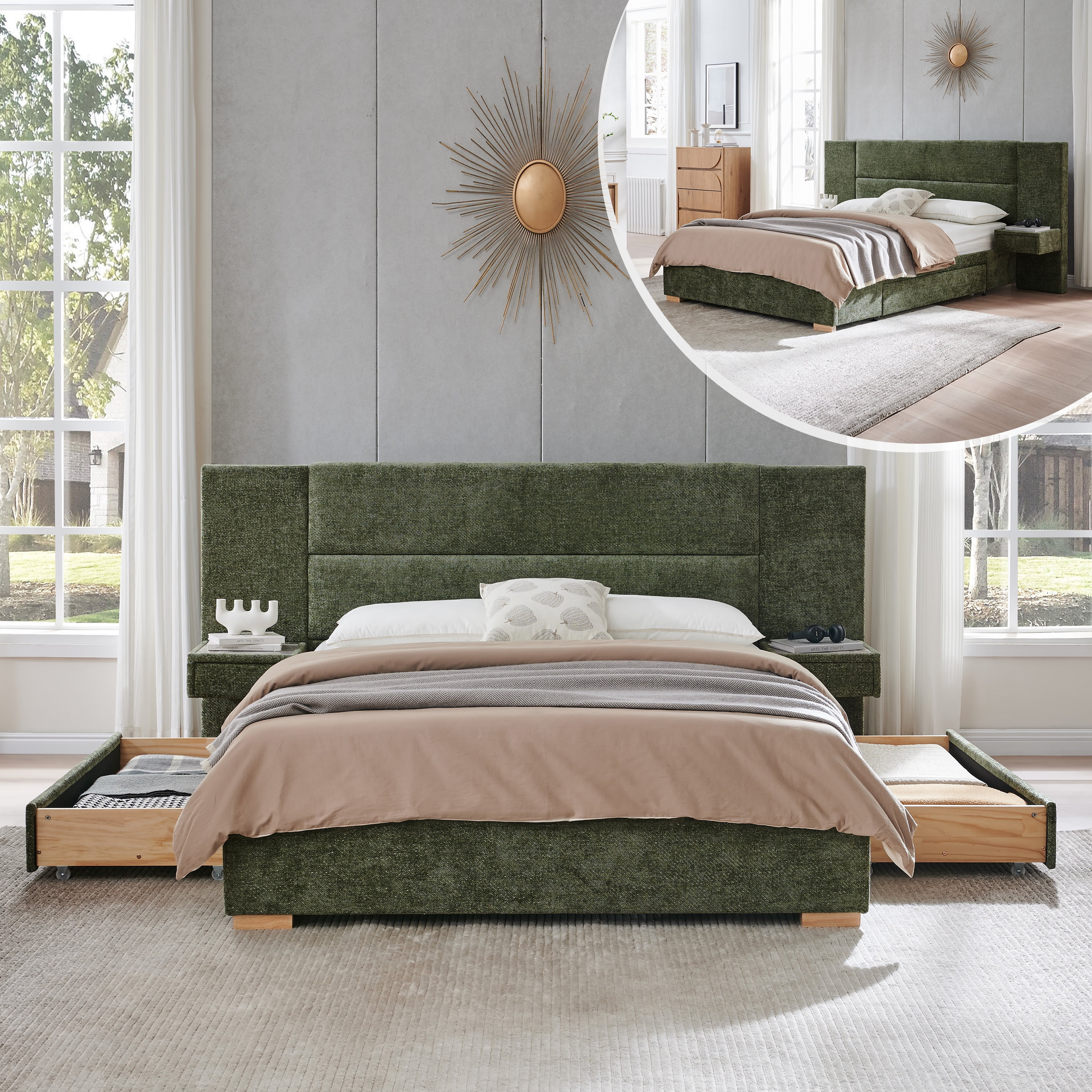 Queen Size Bed Frame Upholstered Platform Bed with Two Large Storage Drawers, Linen Fabric, Wooden Slat Support, Mattress Foundation, No Box Spring Needed, Noise-Free, Easy Assembly, Turtle