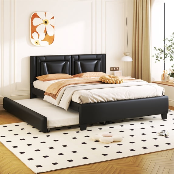 Queen Size Bed Frame, Upholstered Platform Bed with PU Leather Headboard, Heavy-Duty Platform with Solid Wood Slats, No Box Spring Needed, Easy Assembly, Black