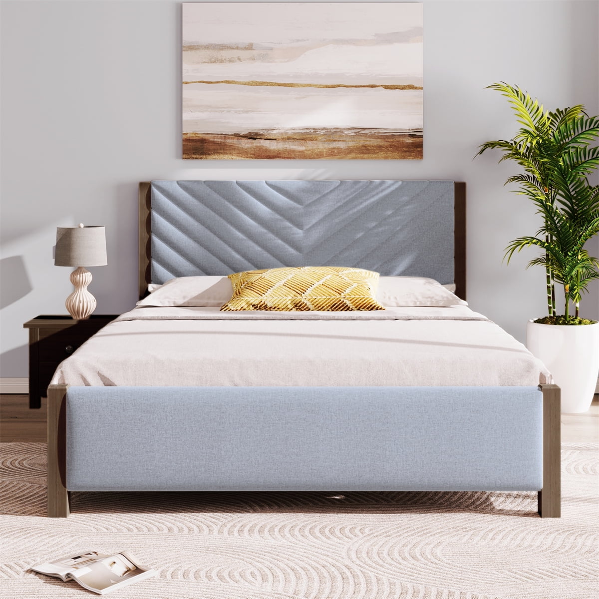 Queen Size Bed Frame, Upholstered Platform Bed with Tufted Headboard ...