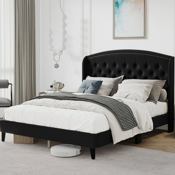 Queen Size Bed Frame, Upholstered Platform Bed with Wingback Headboard and Button Tufted Design, Wood Slat Support, Easy Assembly, No Box Spring Needed, Black