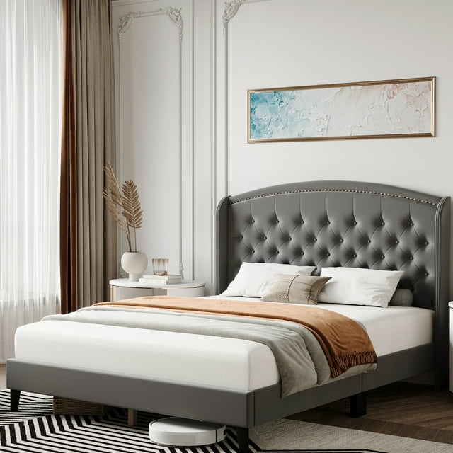 Queen Size Bed Frame, Upholstered Platform Bed with Wingback Headboard ...