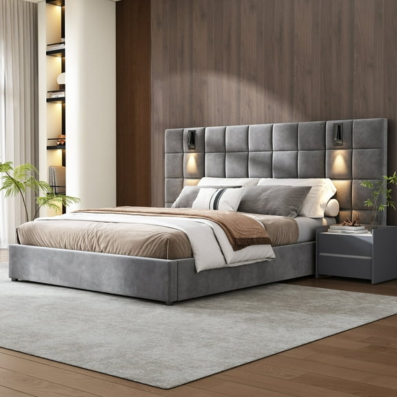 Queen Bed Frame, Queen Size Bed Frame,Upholstered Queen bed,with reading lamp and USB port, wide headboard,without bedside tables and mattress, velvet, grey