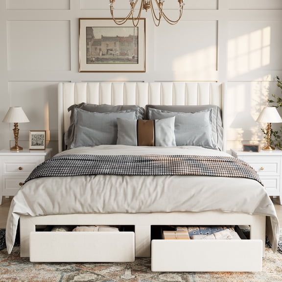 Queen Size Bed Frame, Velvet Upholstered Bed Frame with Wingback Headboard, 2 Storage Drawers, No Box Spring Needed, White