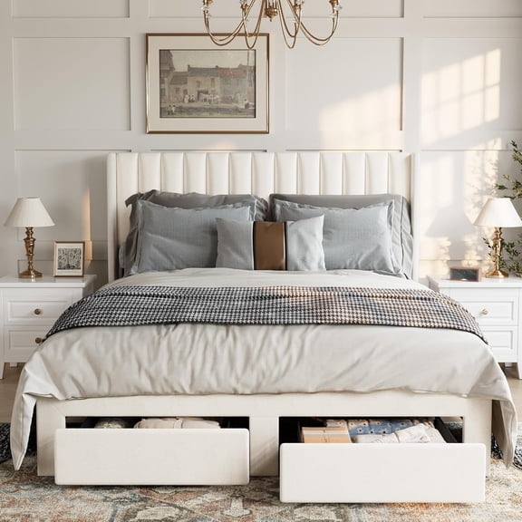 Queen Size Bed Frame, Velvet Upholstered Bed Frame with Wingback Headboard, with 3 Storage Drawers, Wooden Slats Support, No Box Spring Needed