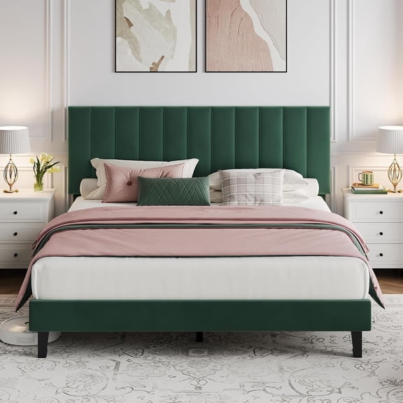 Queen Size Bed Frame, Velvet Upholstered Platform Bed with Adjustable Vertical Channel Tufted Headboard, No Box Spring Needed, Easy Assembly, Dark Green
