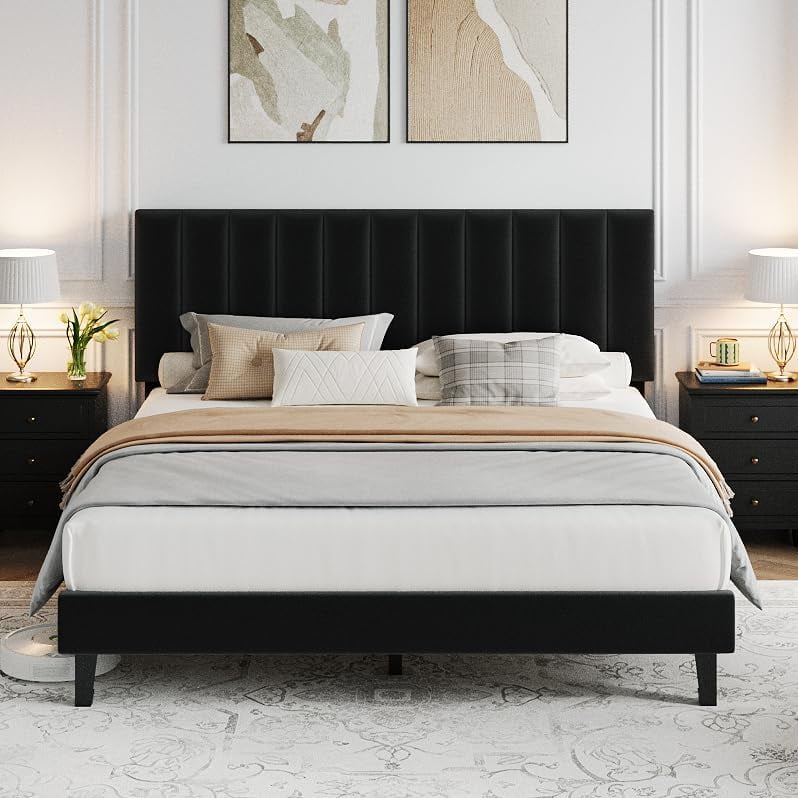 Queen Size Bed Frame, Velvet Upholstered Platform Bed with Adjustable Vertical Channel Tufted Headboard, No Box Spring Needed, Easy Assembly, Black