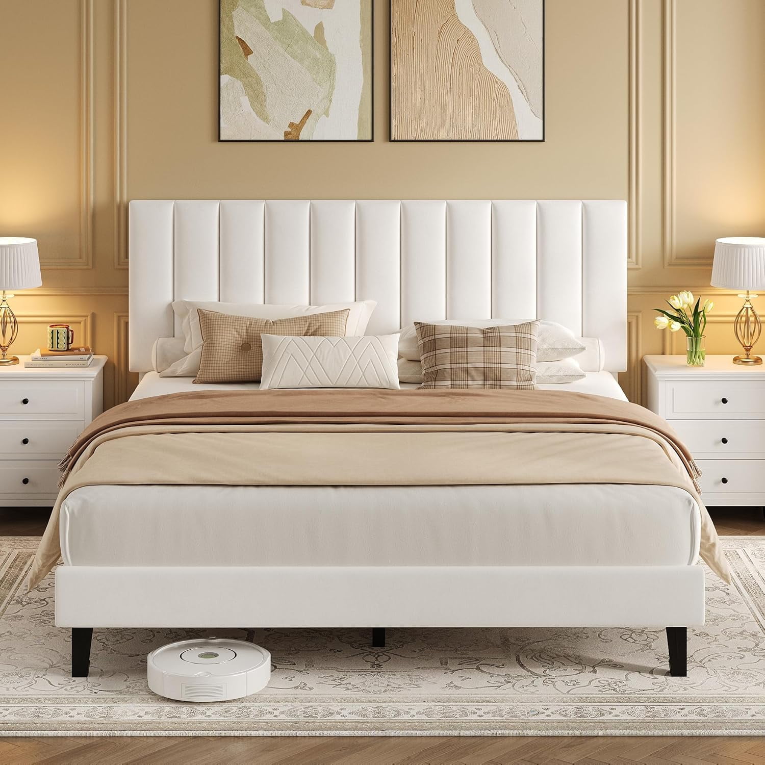 Queen Size Bed Frame, Velvet Upholstered Platform Bed with Adjustable Vertical Channel Tufted Headboard, No Box Spring Needed, Easy Assembly, White