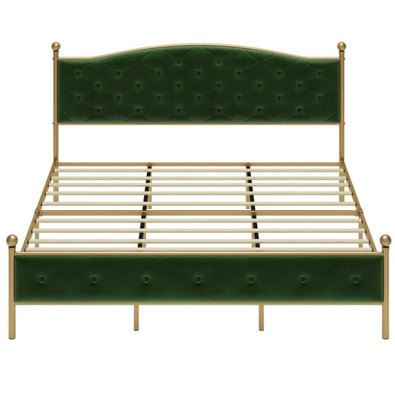 Queen Size Bed Frame,Velvet Upholstered Platform Bed with Button Tufted Headboard,Heavy Duty Base and Wood Slat Supports,No Box Spring Required,No Noise,Easy to Assemble Green