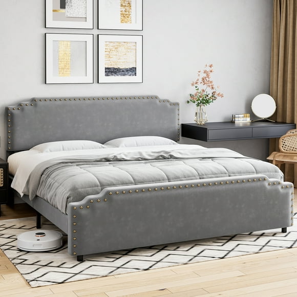 Queen Size Bed Frame, Velvet Upholstered Platform Bed Frame with Rivet Decor Headboard and Strong Wood Slat Support, No Box Spring Needed, Easy Assembly, Grey