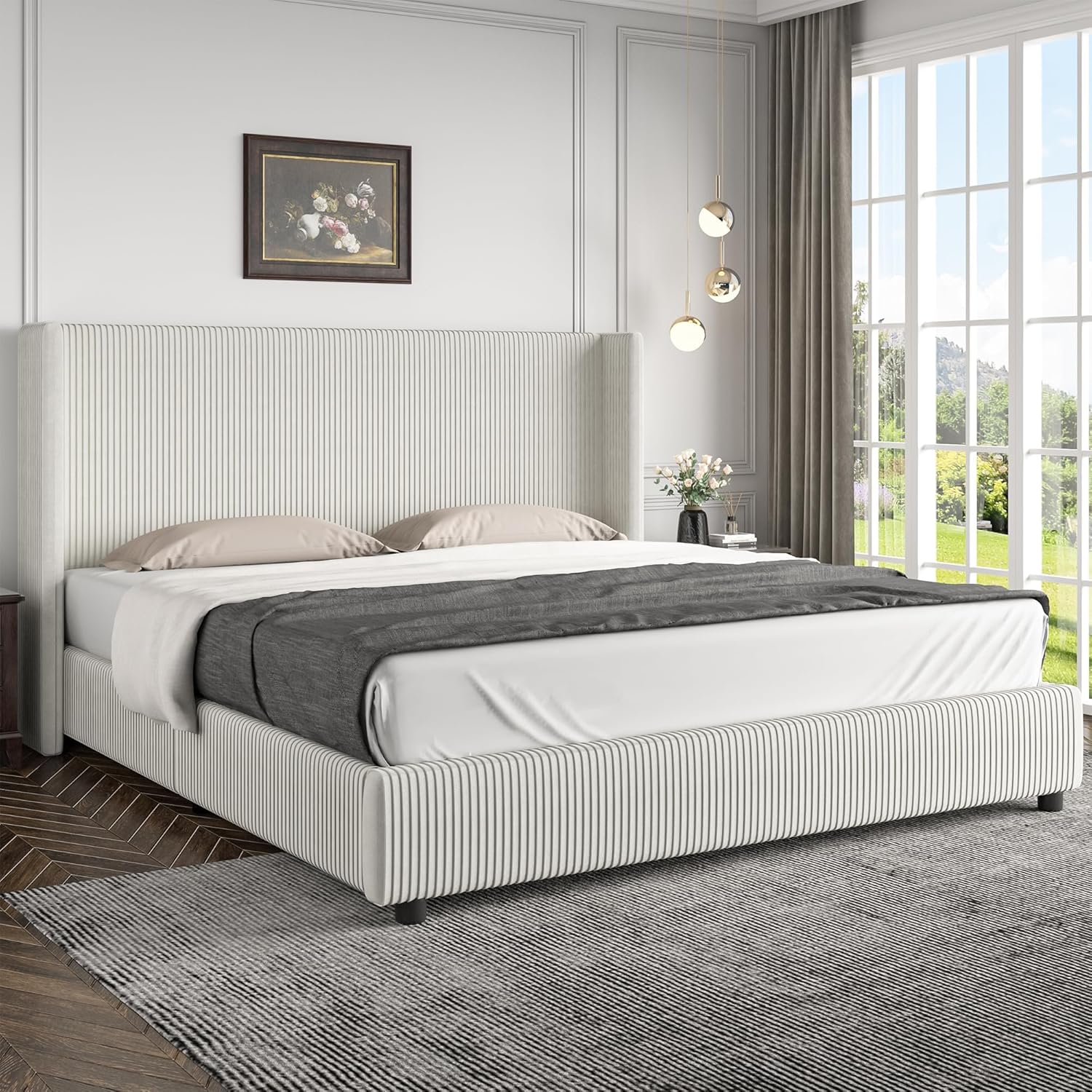 Queen Size Bed Frame, Upholstered Platform Bed with Vertical Channel