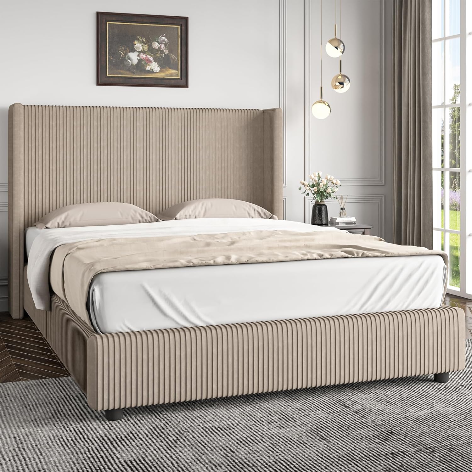 Queen Size Bed Frame, Upholstered Platform Bed with Vertical Channel
