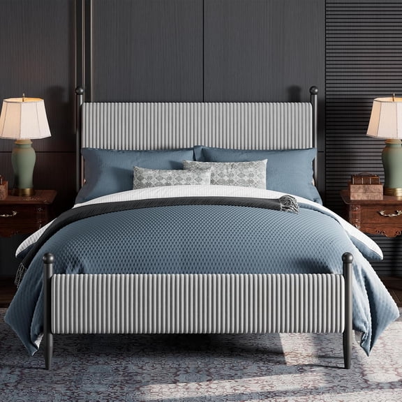 Queen Size Bed Frame - with Vertical Stripes headboard, Corduroy upholstered Bed upholstered Bed Frame with Vintage Metal Legs, no Box Spring Needed, Easy Assembly, Grey