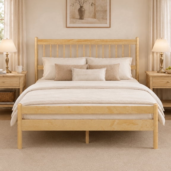 Vanress Queen Size Bed Frame, Vintage Platform Bed Frame with Wood Headboard and Footboard, 10 Wood Slats Support, No Box Spring Needed, Natural