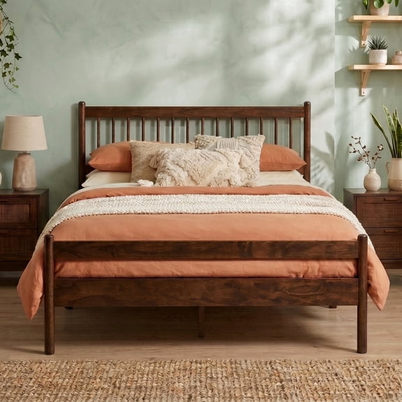 Vanress Queen Size Bed Frame, Vintage Platform Bed Frame with Wood Headboard and Footboard, 10 Wood Slats Support, No Box Spring Needed, Walnut