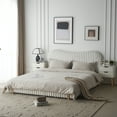 thumbnail image 1 of Queen White Boucle Bed Frame with Wavy Headboard - Vertical Stitching, Rubberwood Legs. Modern Bedroom Furniture. Soft, Textured Upholstery. No Box Spring Needed., 1 of 8