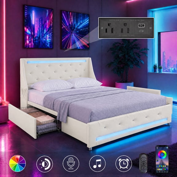 Queen Size Bed Frame - White Wingback Headboard Storage Drawers LED Lights