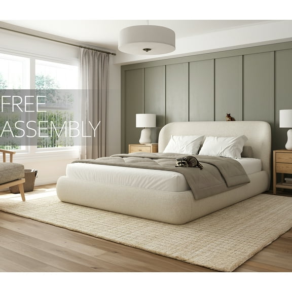 Queen Size Bed Frame with Wingback Headboard, Platform Upholstered in Performance Fabric, Free Assembly - Boho, Modern Style - Rounded Corners, Non-Slip, Low-Profile, Bedroom, Curved (Cream, Queen)