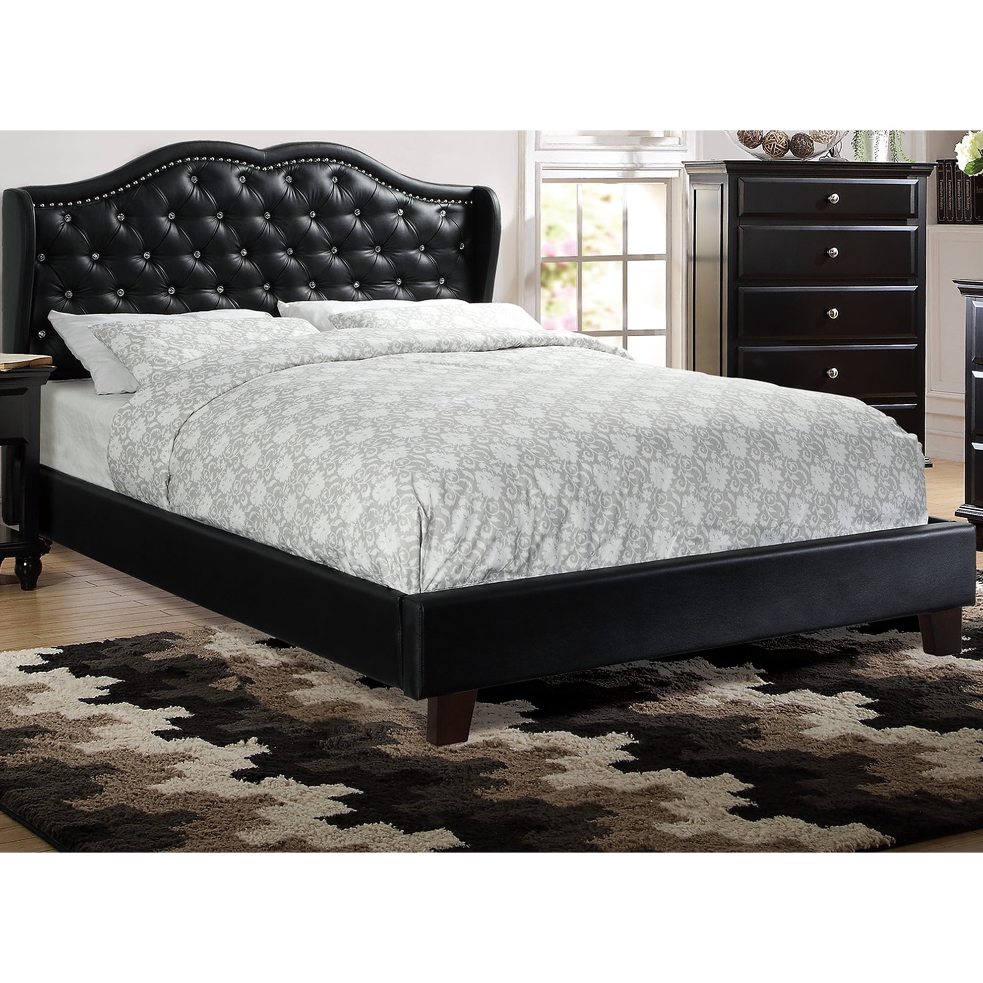 Queen Size Bed Frame With Wingback Headboard, Upholstered In Black Faux ...