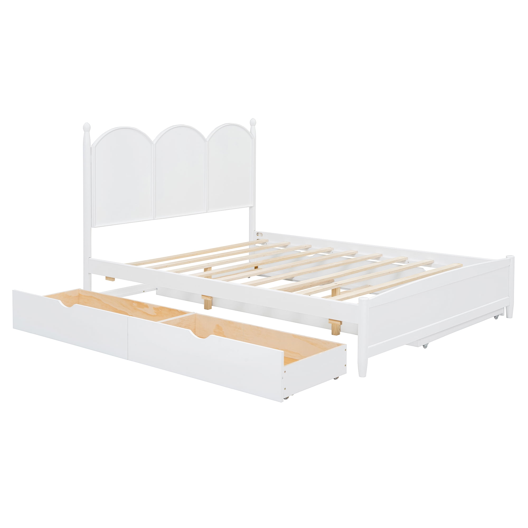 White Queen Platform Bed with Storage Drawers and Trundle