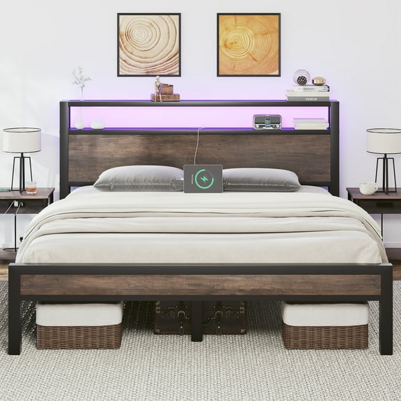 Queen Size Bed Frame with LED Lights,Metal Platform Bed with 2-Tier Storage Headboard and Charging Station, Grey