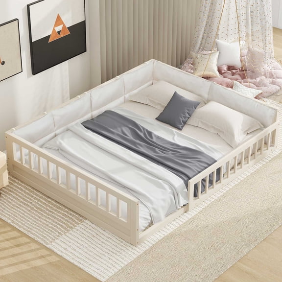 Full Bed Frame, Double Bed Frame,Wood Full Size Upholstered Platform Bed with Guardrail and Pillow, Beige