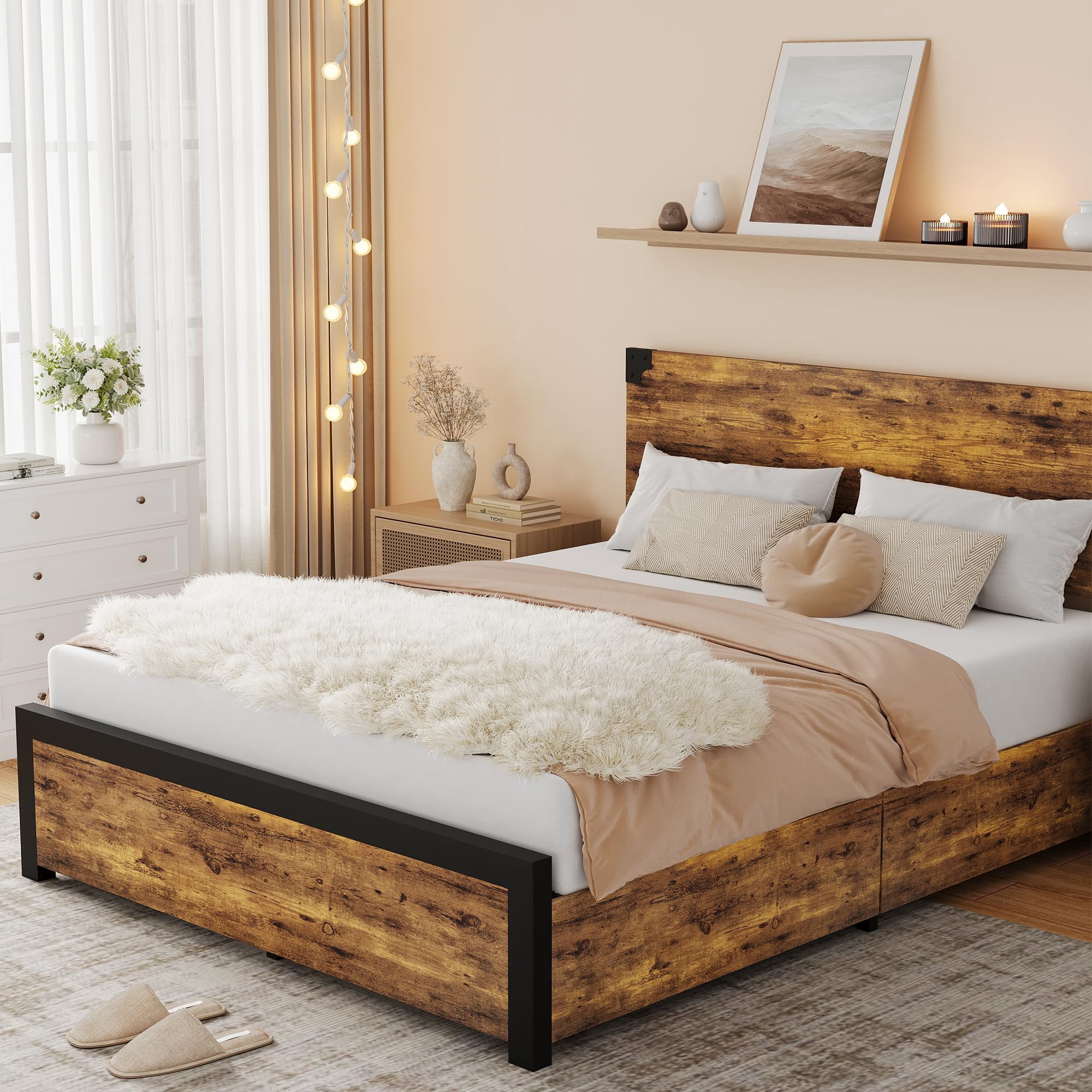 Queen Size Bed Frame with Wood Headboard, King Platform Bed Frame with Under Bed Storage and Metal Legs, Noise Free, No Box Spring Needed, Easy Assembly-Rustic Brown