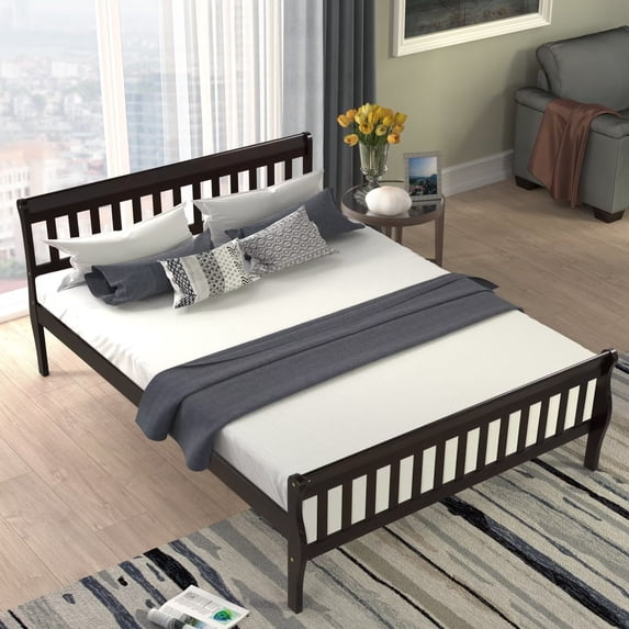Queen Size Bed Frame, Wood Platform Bed with Headboard and Footboard, Modern Platform Bed Frame with Sturdy Slats Support and Extra Legs for Kids Adults Bedroom, No Box Spring Needed, Espresso
