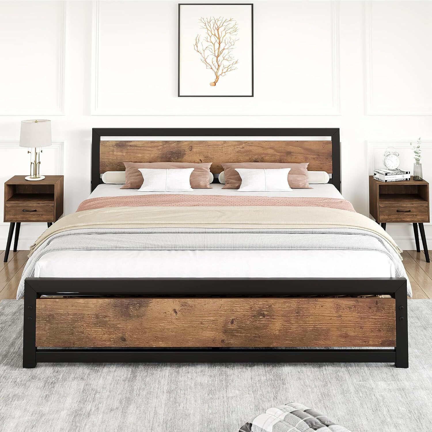 Queen Size Bed Frame with Wooden Headboard and Footboard, Heavy Duty ...