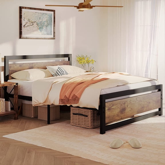 Queen Size Bed Frame with Wooden Headboard and Footboard, Metal Queen Bed Platform No Box Spring Needed, 14 inch Easy to Assemble Noise Free Queen Bed Frame, Rustic Brown