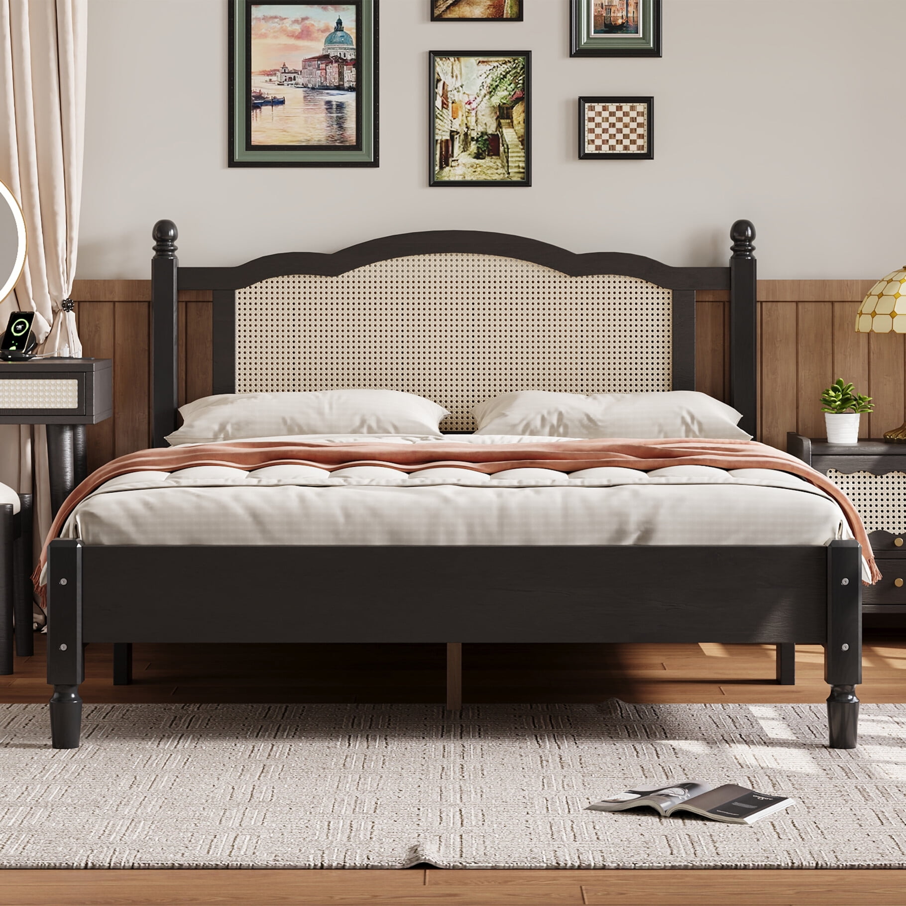 Queen Size Bed Frame, Wooden Platform Bed with Natural Rattan Headboard ...