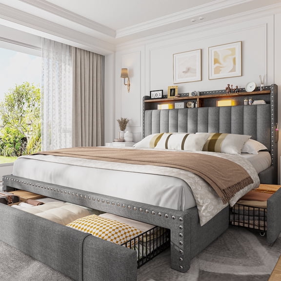 Queen Size Bed Frame with 3 Storage Drawers Upholstered Bed Frame with 2-Tier Shelf Bed Frame with Headboard & Side Pockets,Gray