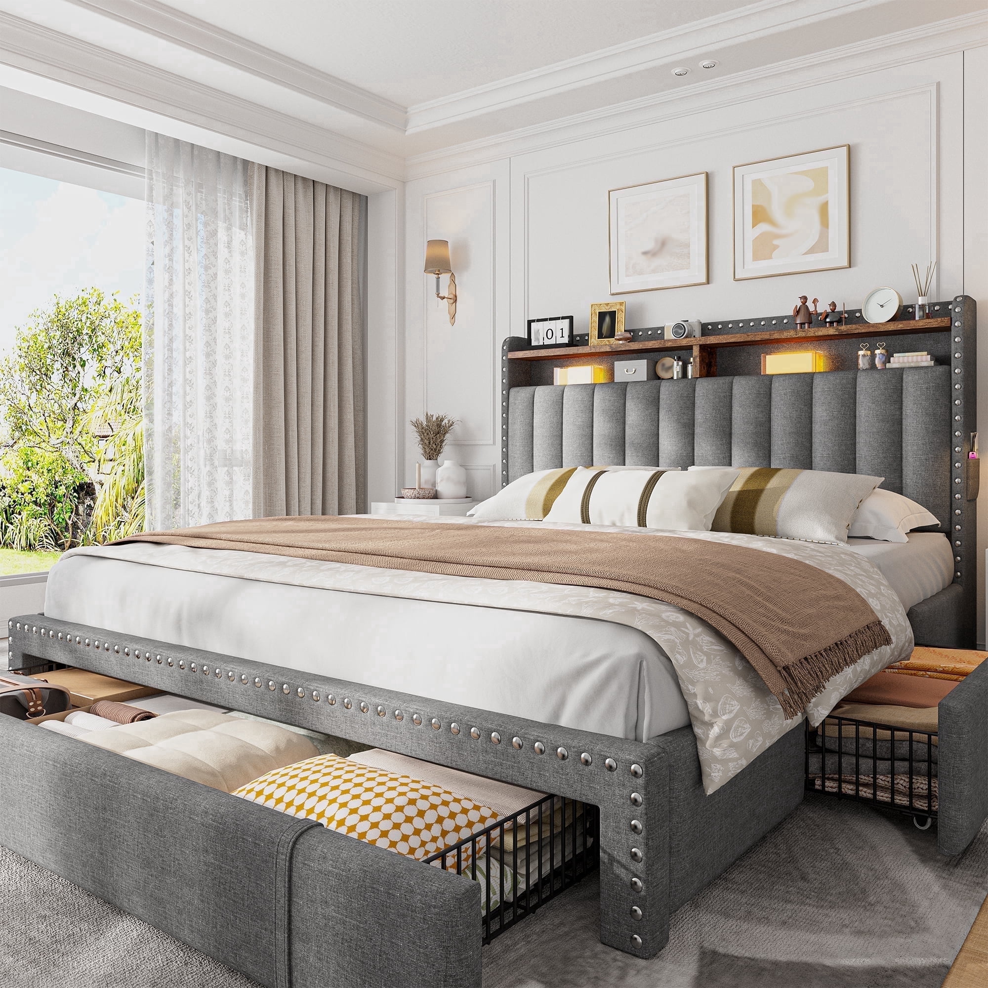 Queen Size Bed Frame with 3 Storage Drawers Upholstered Bed Frame with 2-Tier Headboard & Side Pockets,Gray