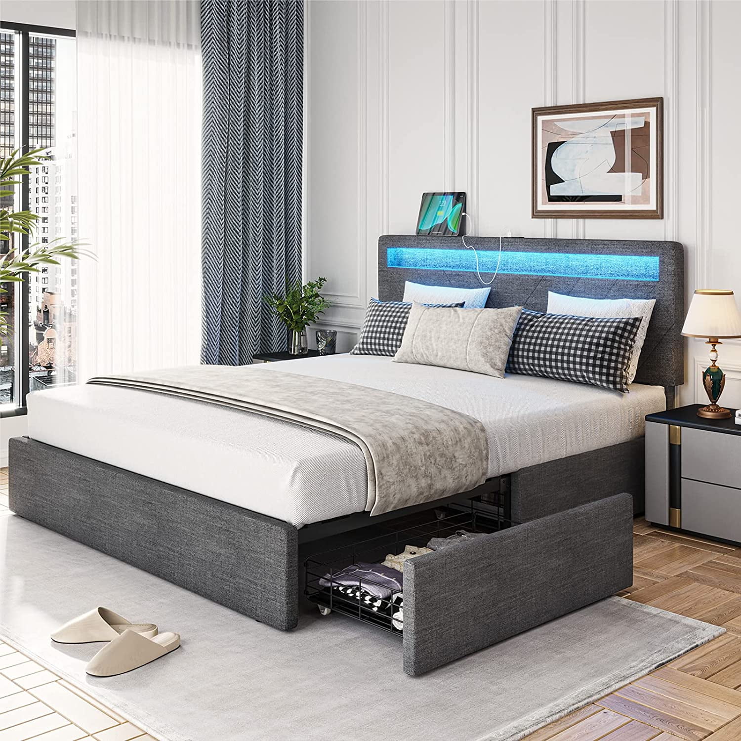 Queen Size Bed Frame with 4 Drawers, Upholstered Platform Bed with LED
