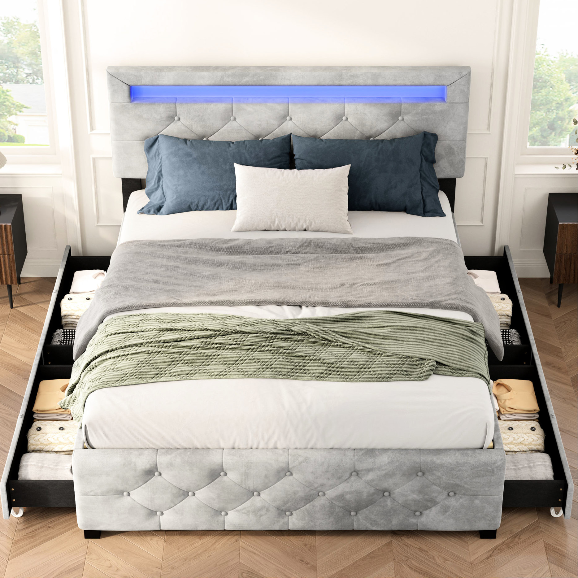 Queen Size Bed Frame with 4 Large Drawers and LED Lighting / Sturdy ...